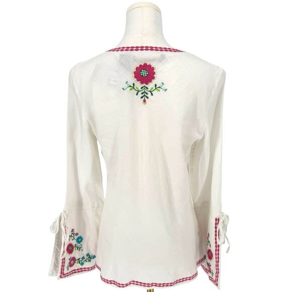 Y2K Vintage Willi Smith Peacock Flower Embroidered Linen Tunic Sz M Boho Coastal - Picture 3 of 8